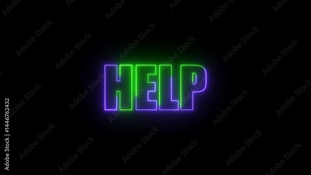 Poster glowing neon word help animation on black background for graphic design and motion graphics