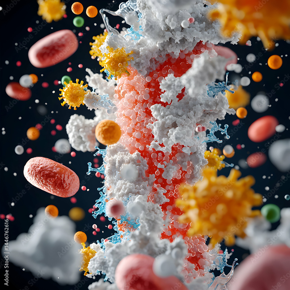 Poster an abstract image showcasing cellular structures and virus particles. suitable for scientific presen
