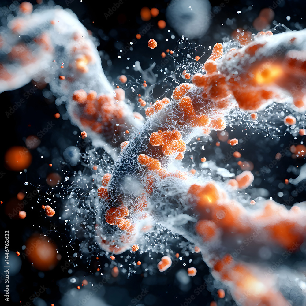 Poster abstract rendering of biological structures with orange and white elements. suitable for medical sci