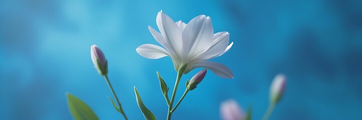 Fototapeta premium Elegant White Flower Blooming Against Clear Blue Sky – Nature Photography Capturing Spring Beauty and Floral Serenity