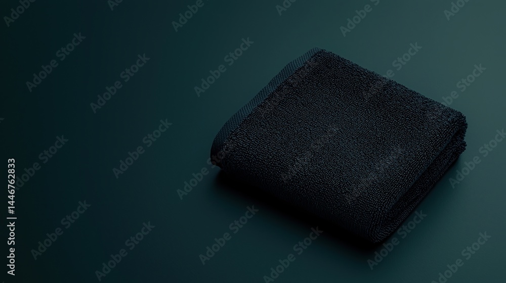 Poster a neatly folded black towel placed on a dark green surface, creating a minimalist and clean composit