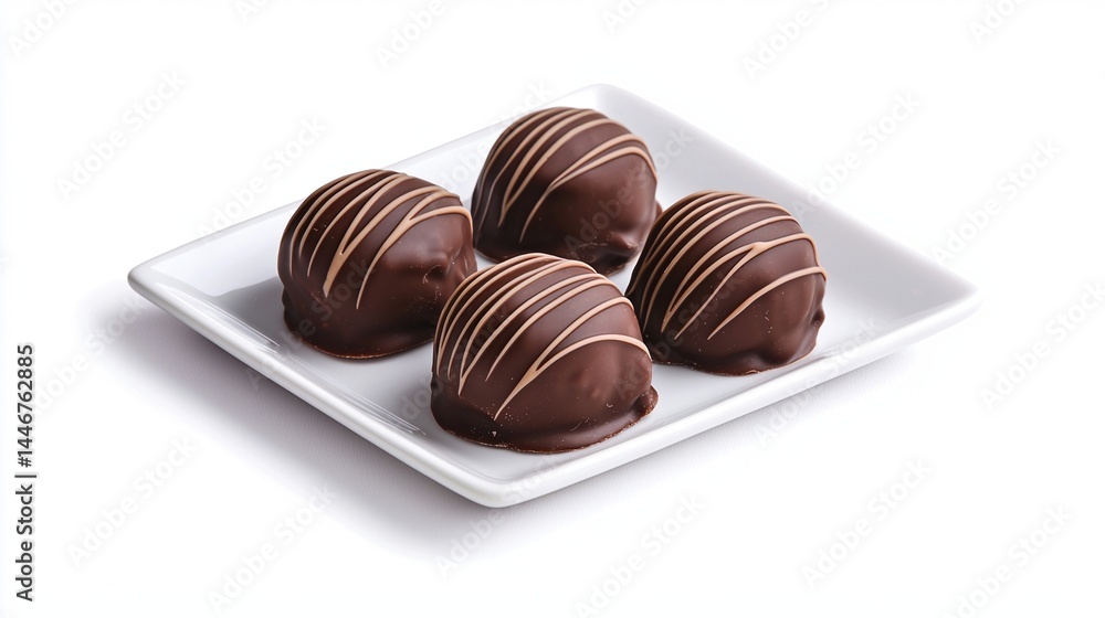 Poster four chocolate truffles with white drizzle are neatly arranged on a white rectangular plate.