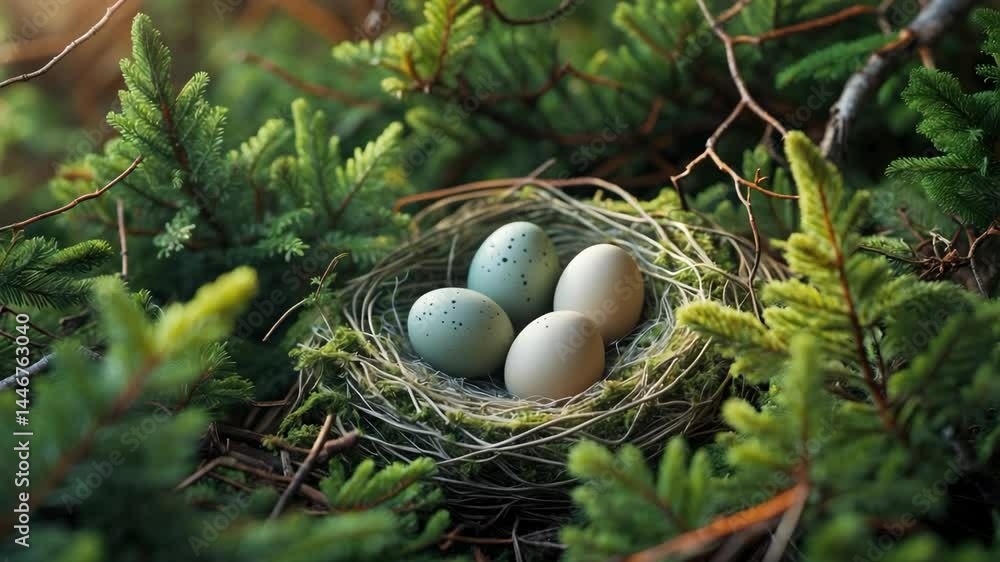 Poster close-up view of a nest with blue eggs hidden in branches. birds build nests for breeding. spotted e