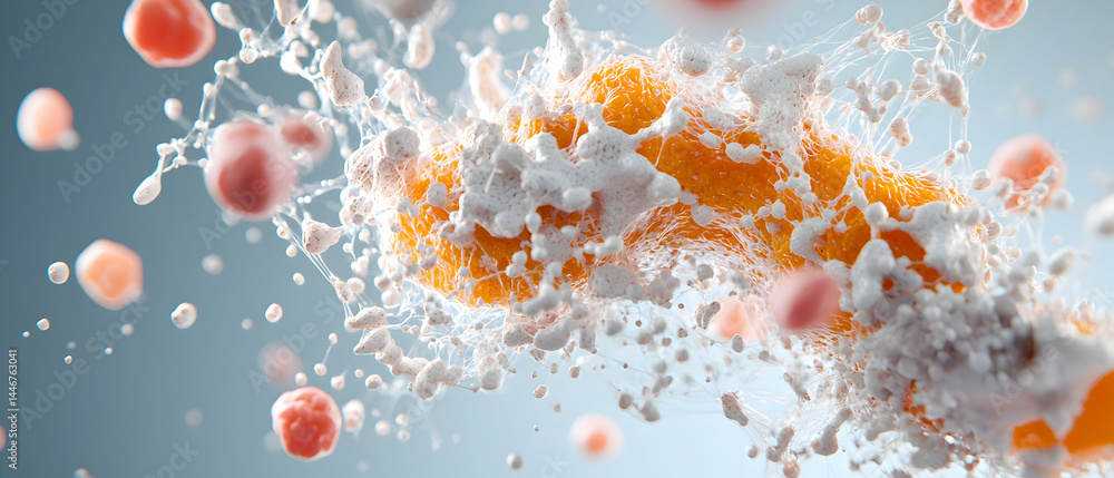 Poster abstract illustration of biological matter cells exploding with filaments and particles. suitable fo