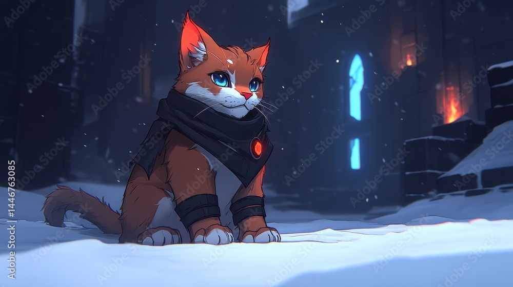 Poster pixelated fox character in a snowy environment evoking video game aesthetics adventure and mystery w