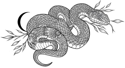 Intricate black and white serpent illustration entwined with leaves and nature elements Generative AI