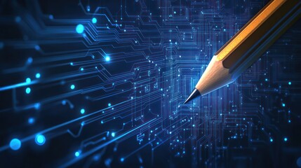 A pencil hovers over a complex circuit board, implying technological innovation and creative problem-solving.  The intricate circuit design is 