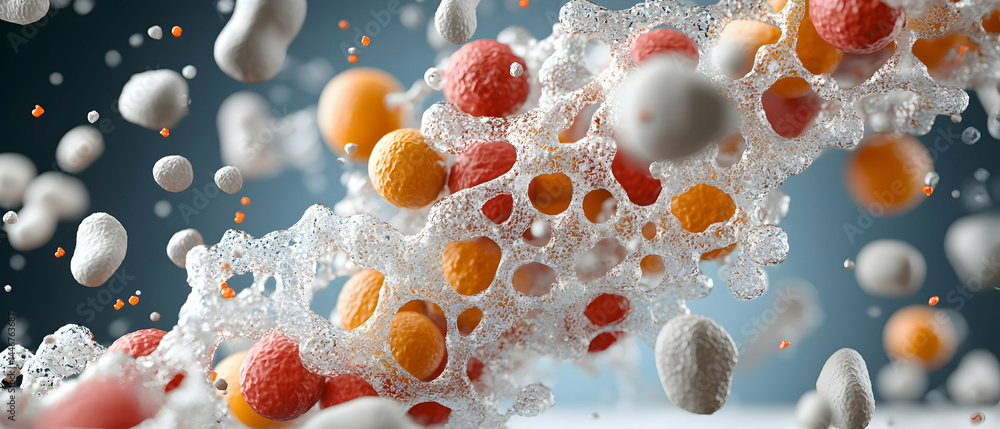 Poster abstract microscopic depiction of biological elements in a dynamic environment. ideal for scientific