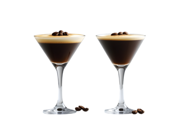 Espresso Martini cocktail with coffee bean garnish transparent PNG set bundle, isolated background. Mixology, bar menu cocktails in coupe saucer and martini glass, colorful refreshing drink