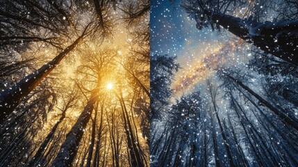 Winter forest scene, contrasting daytime and nighttime views.