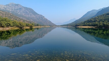 Obraz premium Tranquil Body of Water Surrounded by Lush Greenery Reflecting Blue Sky and Fluffy White Clouds Above