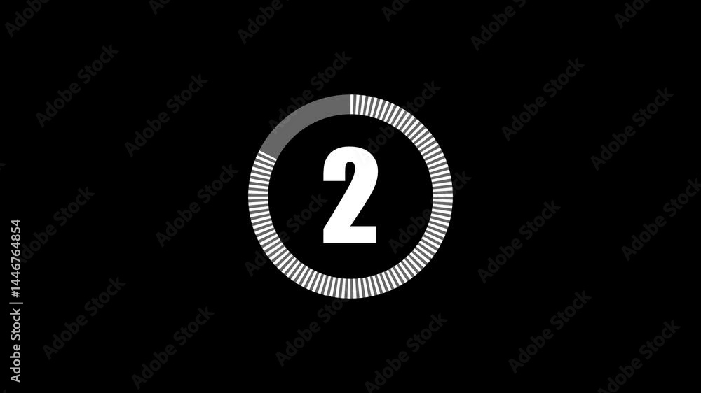 Poster two second countdown timer graphic animation with circular progress bar indicator on black backgroun