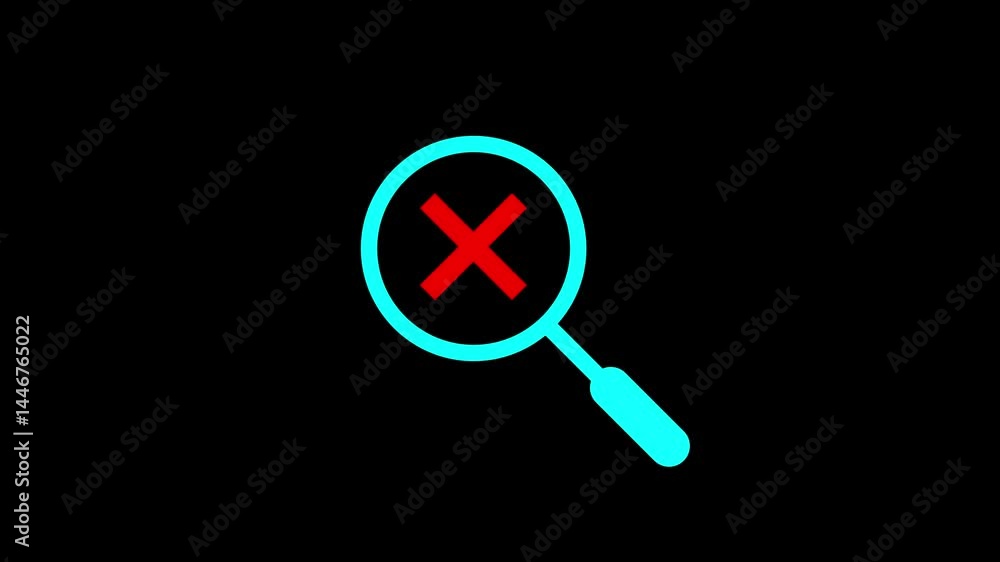 Poster magnifying glass with cross symbol animation on black background representing search failure and err