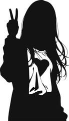 Silhouette of a woman wearing a shirt with a heart design, holding up a peace sign gesture
