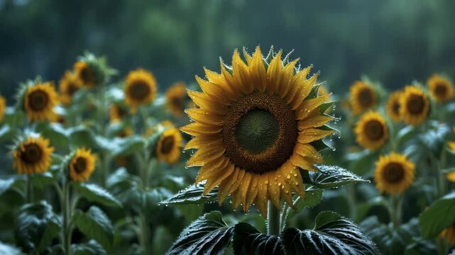 Sunflowers thrive in dreary conditions, still shining brightly even as rain drenches their entire crown, showcasing the traits that amplify their splendor.