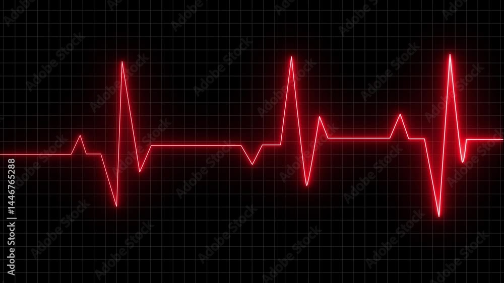 Poster red neon heartbeat pulse on black grid background animation loop video