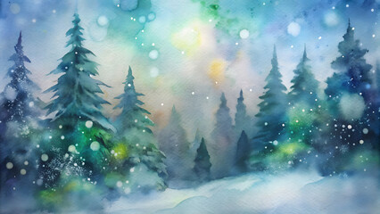 Vibrant watercolor painting of a forest with snow