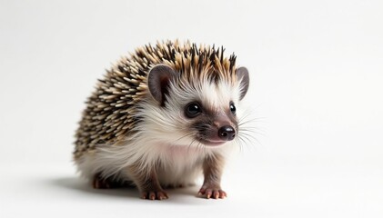 Naklejka premium Close-up of a single hedgehog against a stark white backdrop , sharp, erinaceinae, cute