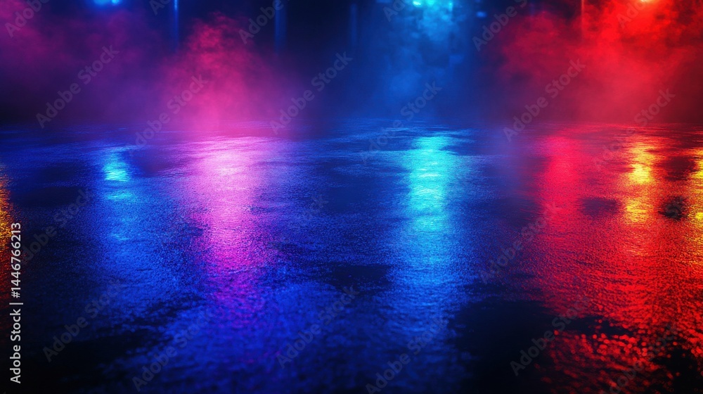 Poster a stunning image of empty background scene. dark street reflection on the wet pavement. rays neon li