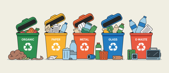 Colorful Recycling Bins with Sorted Waste Materials