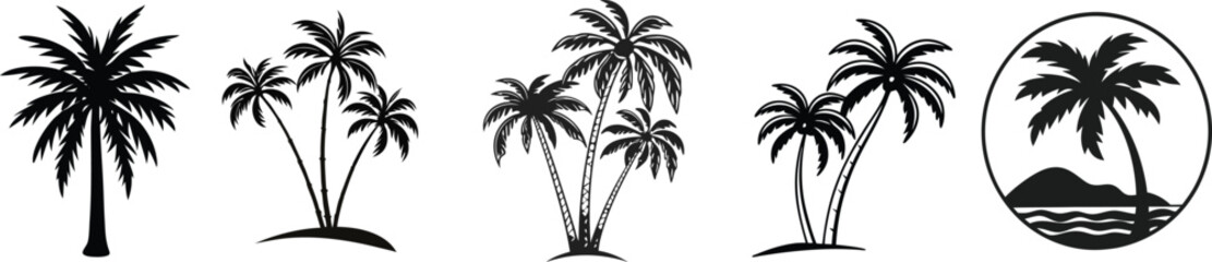 Obraz premium set of Palm trees, palm tree icon silhouette, vector art style.