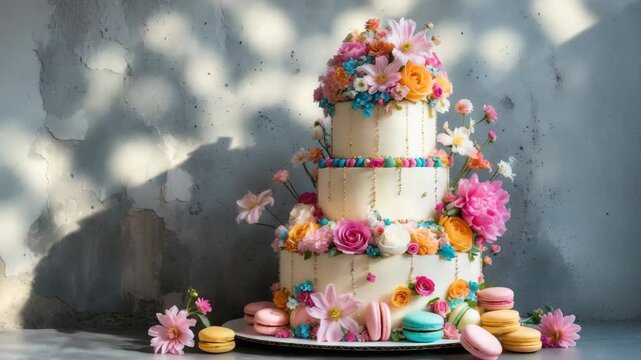 Elegant tiered cake for celebration with floral and bead decorations on a gray concrete background accompanied by pink zephyr and macaroons