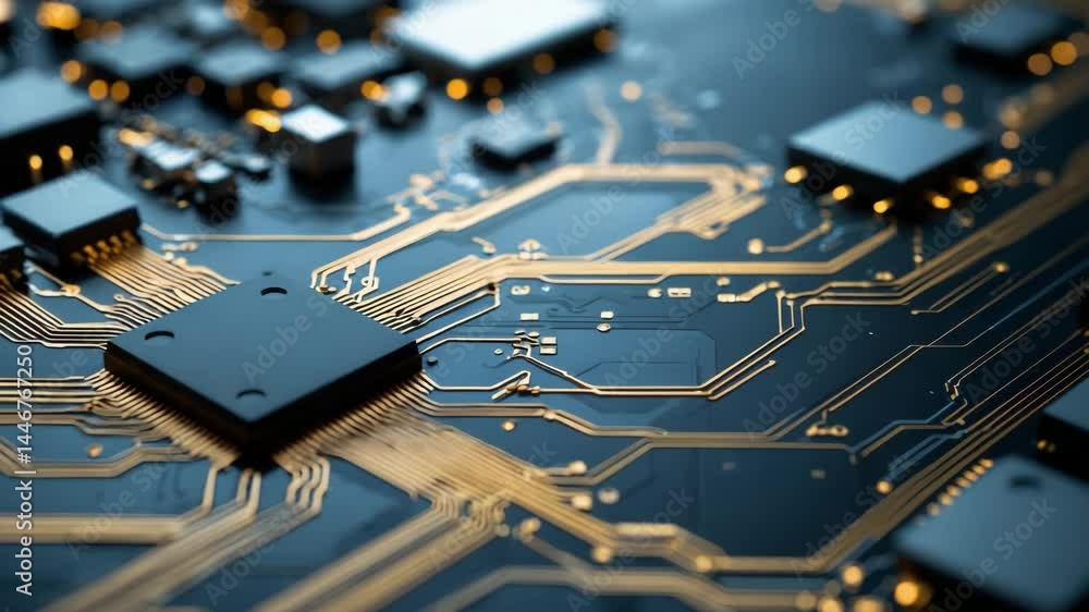 Poster abstract technology animation showcasing printed circuit board with golden wires and pads with selec