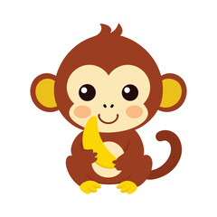 Baby monkey eating banana vector art illustration