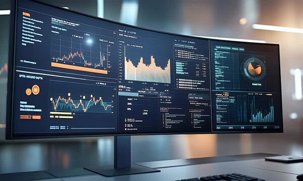  A high-resolution stock market screen on an advanced computer display, displaying dynamic graphs and data points, capturing the essence of financial analyst work in a dark mode with sharp focus