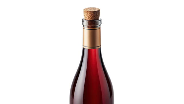 Close up of red wine bottle with cork stopper, showcasing elegant design and rich color of wine. bottle features golden neck label, emphasizing sophistication and quality