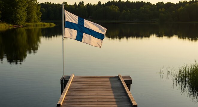 The Finnish flag flutters above a wooden dock, overlooking a peaceful lake during sunset.