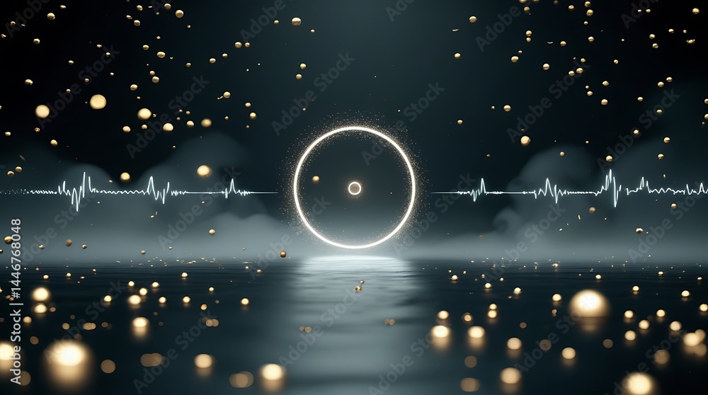 Aufkleber golden sound wave ring on dark background – abstract futuristic audio visualization with glowing par