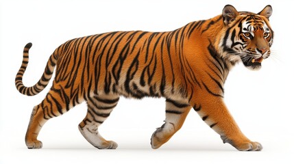 Obraz premium MajesticBengalTigerStridingBoldlyPowerfulCarnivoreWildlifeAnimalIsolatedDetailedStripesVibrantOrangeFurGracefulMovementStrengthSymbolExoticCatPreservationIcon