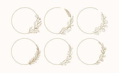 Set of Greenery Floral Wreath, Rounded Botanical Flower Frames and Floral Logo for Wedding and save the date nature wild flowers in vector