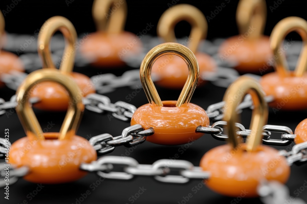 Poster multiple orange locks linked by chains on a dark background.