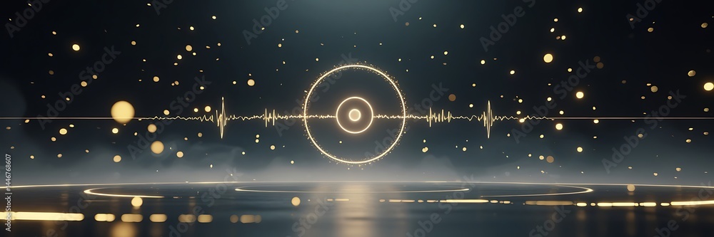 Aufkleber golden sound wave ring on dark background – abstract futuristic audio visualization with glowing par