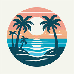 Tropical Beach Sunset Illustration with Palm Trees and Vibrant Colors