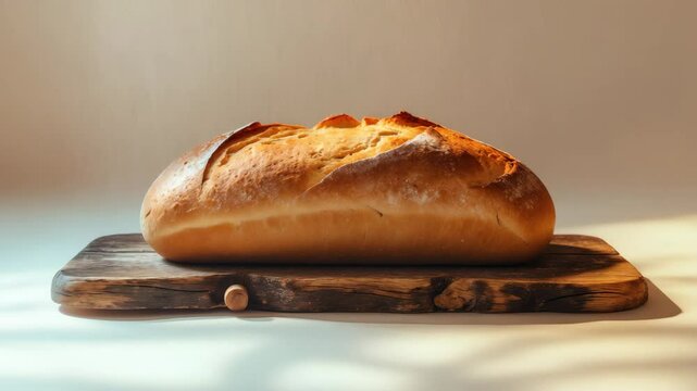 On a wooden board sits a loaf of bread