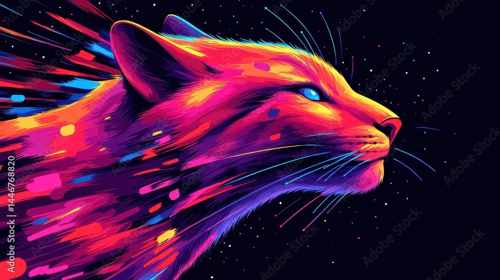Poster vibrant pixelated panther illustration with dynamic particle trails showcasing digital artistry and 