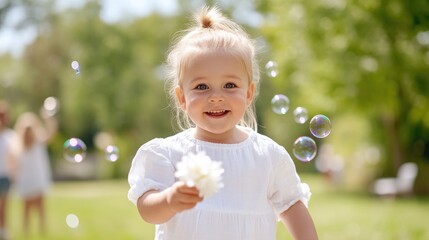 Toddler holding flower with bubbles, bright summer style, sharp focus natural light, portrait close view, smiling joyful expression, green park background, soft sunny hues, perfect for family ads