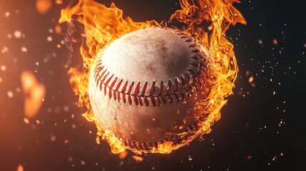 A baseball engulfed in flames, with sparks flying