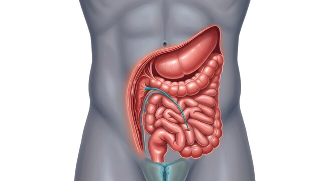 Detailed anatomical illustration of human digestive system with organs labeled inside a torso viewed from the front Generative AI