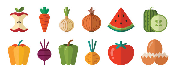 Flat Design Icons of Fresh Fruits and Vegetables