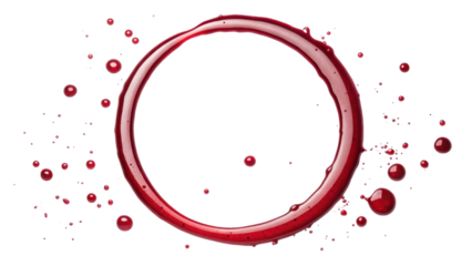 Red wine stain in shape of circular ring with splashes and droplets scattered around, creating dynamic and artistic effect. image evokes sense of casual elegance and creativity