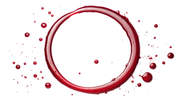 Red wine stain in shape of circular ring with splashes and droplets scattered around, creating dynamic and artistic effect. image evokes sense of casual elegance and creativity