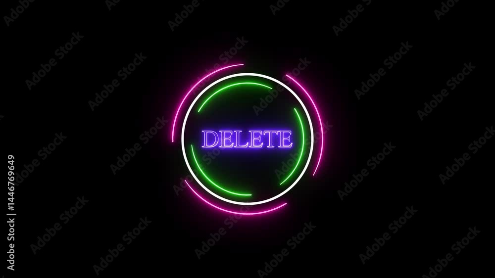 Poster delete button neon style animation with pink and green circle on black background