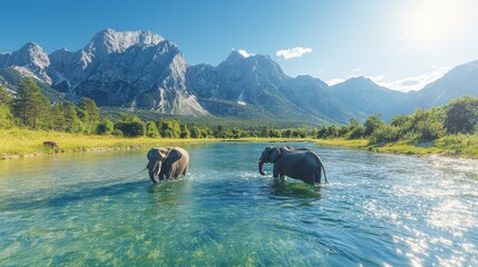 Fototapeta premium Majestic elephants frolic in crystal clear river surrounded by lush green vegetation and towering mountain ranges under vibrant sunlit sky