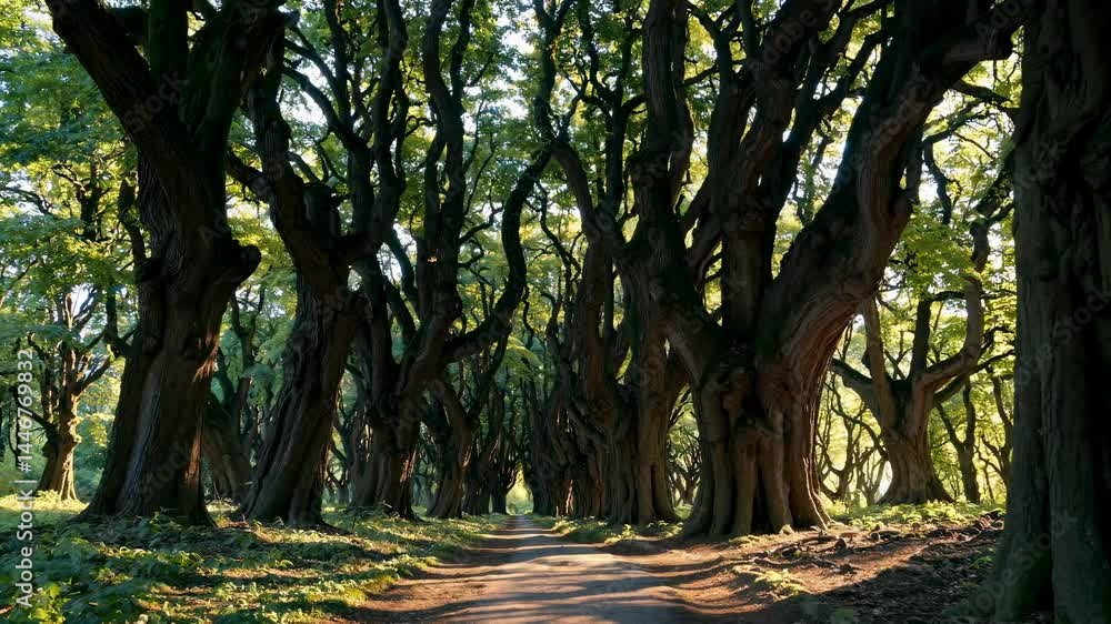 Aufkleber a mesmerizing video still of a tree-lined path with towering, twisted trunks. captured from a low an