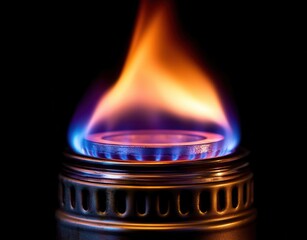 Close-up of a portable camping stove with vibrant orange and blue flames  Metal base and burner ring visible