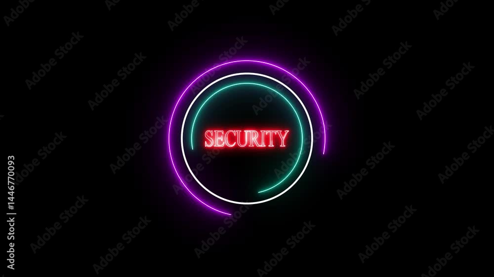 Poster security concept with neon circles and red glowing text on black background